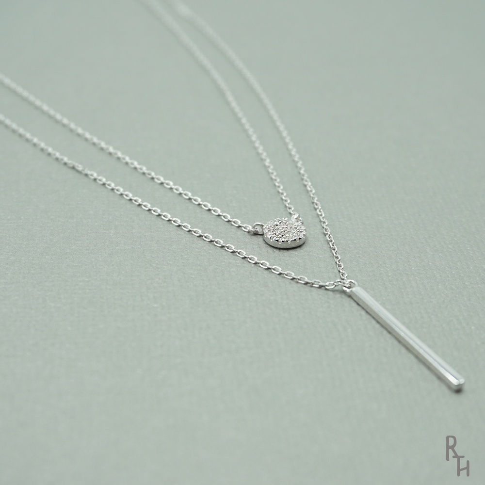 Layered Pavé Bar Disc Pendant Necklace | 925